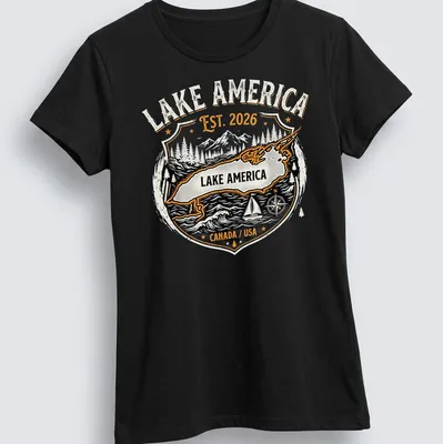 Vintage badge design featuring a lake map, mountains, and trees in black, orange, white, and gray. — printed on a women's shirt