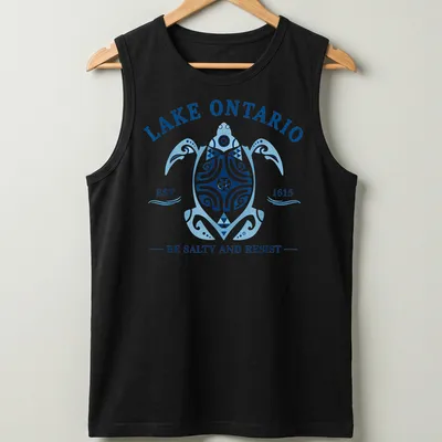 Vintage-style t-shirt featuring a turtle and playful text about Lake Ontario. — printed on a tank top