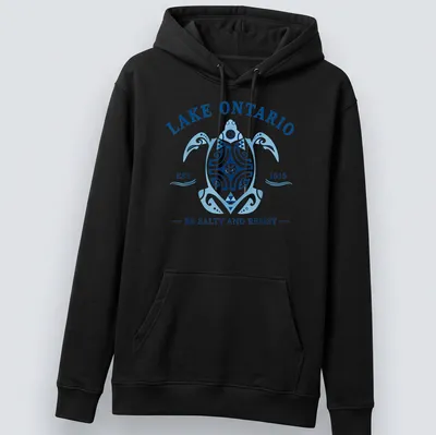 Vintage-style t-shirt featuring a turtle and playful text about Lake Ontario. — printed on a unisex hoodie