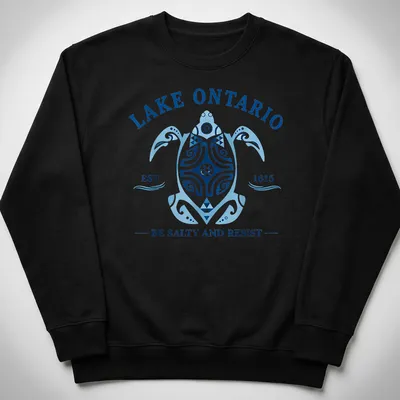 Vintage-style t-shirt featuring a turtle and playful text about Lake Ontario. — printed on a unisex sweatshirt