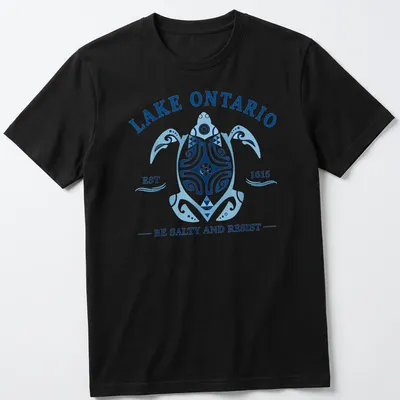 Vintage-style t-shirt featuring a turtle and playful text about Lake Ontario.