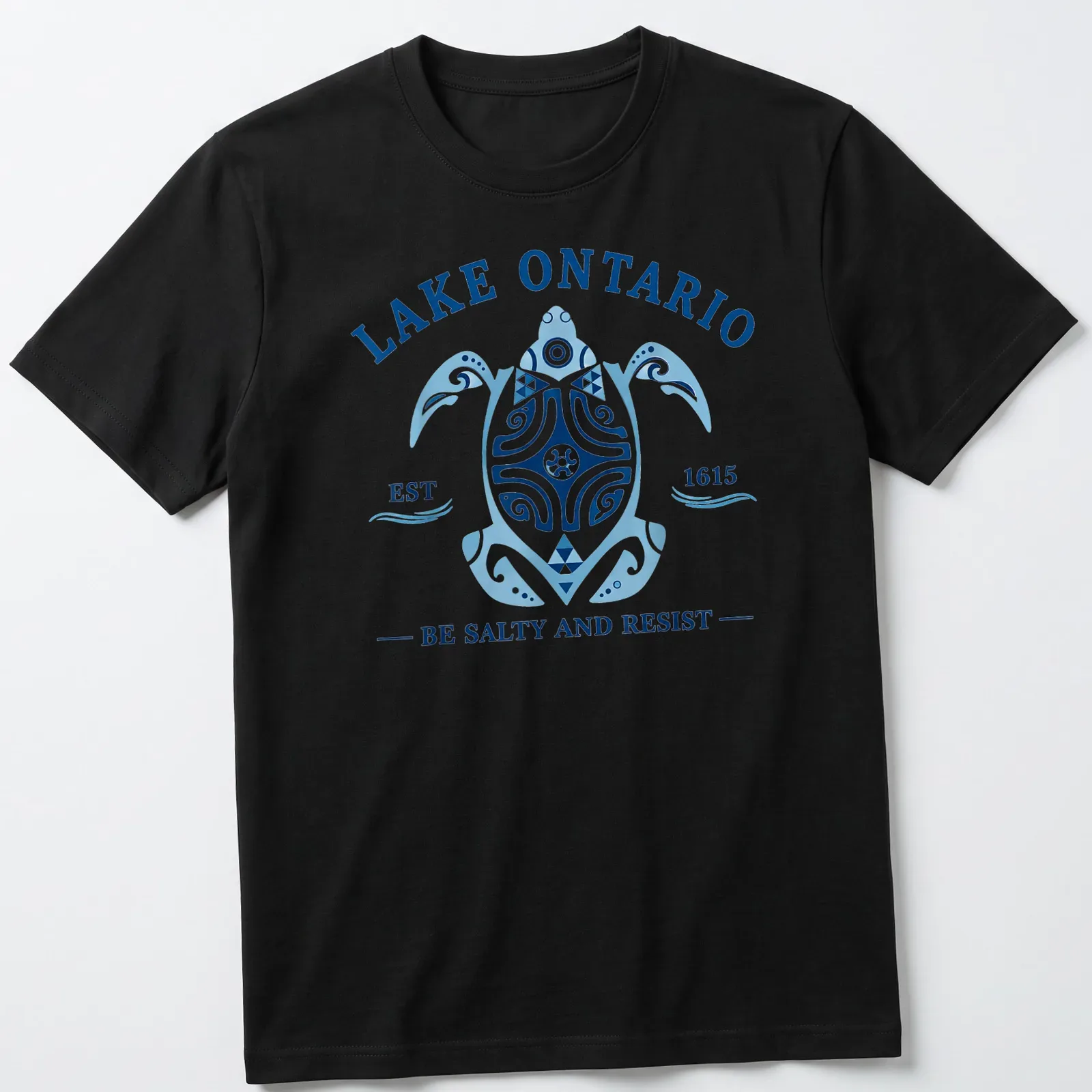Vintage-style t-shirt featuring a turtle and playful text about Lake Ontario. — printed on a unisex t-shirt