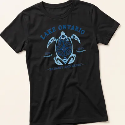 Vintage-style t-shirt featuring a turtle and playful text about Lake Ontario. — printed on a women's shirt