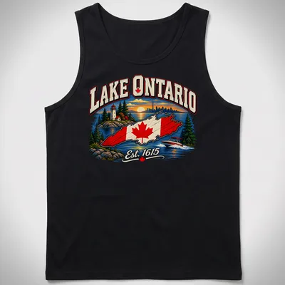 Vintage Lake Ontario T-shirt featuring a lighthouse and boat illustration with text — printed on a tank top