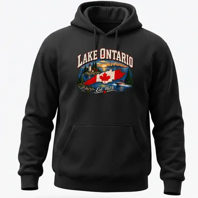 Vintage Lake Ontario T-shirt featuring a lighthouse and boat illustration with text — printed on a unisex hoodie