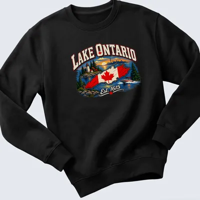 Vintage Lake Ontario T-shirt featuring a lighthouse and boat illustration with text — printed on a unisex sweatshirt