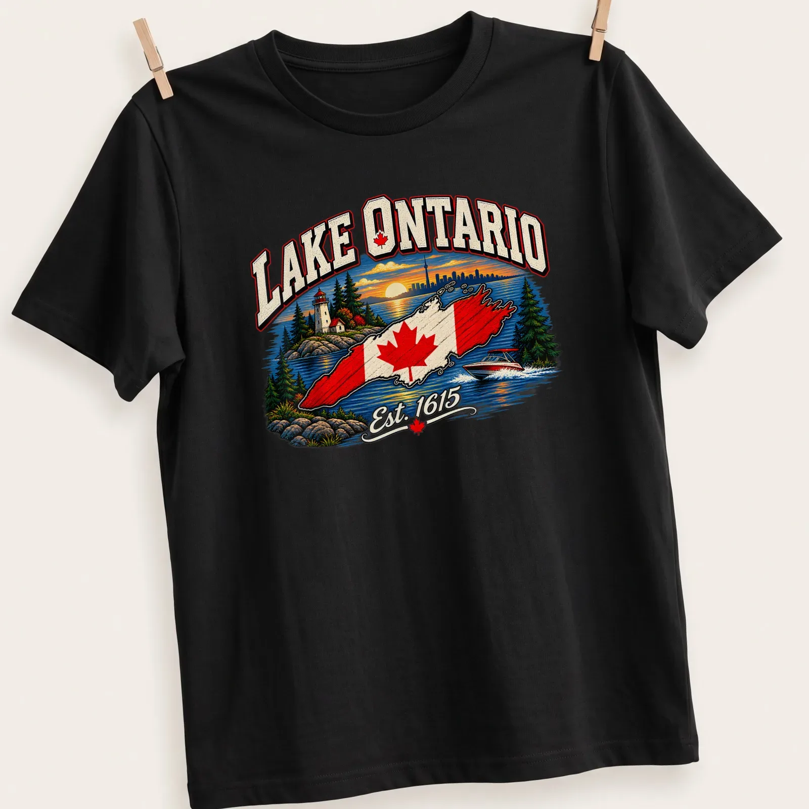 Vintage Lake Ontario T-shirt featuring a lighthouse and boat illustration with text — printed on a unisex t-shirt