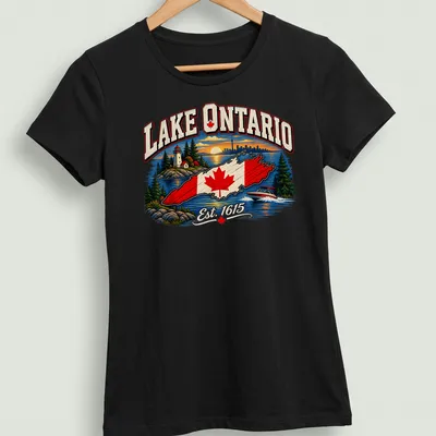 Vintage Lake Ontario T-shirt featuring a lighthouse and boat illustration with text — printed on a women's shirt