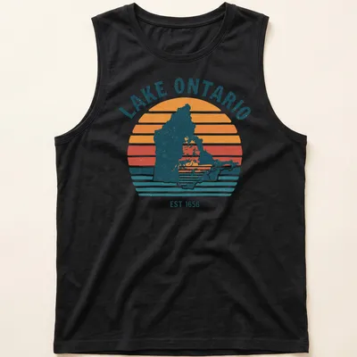 Retro striped Lake Ontario map t-shirt with historical text — printed on a tank top