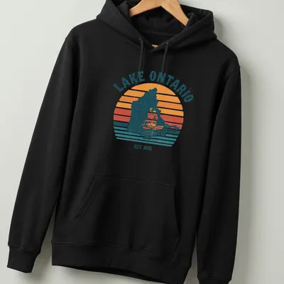 Retro striped Lake Ontario map t-shirt with historical text — printed on a unisex hoodie