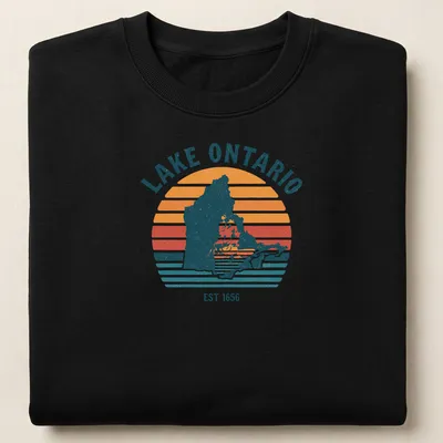 Retro striped Lake Ontario map t-shirt with historical text — printed on a unisex sweatshirt