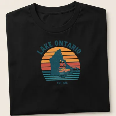 Retro striped Lake Ontario map t-shirt with historical text
