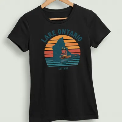 Retro striped Lake Ontario map t-shirt with historical text — printed on a women's shirt