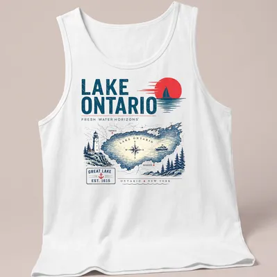 Vintage map of Lake Ontario with the text about its horizons and establishment year — printed on a tank top
