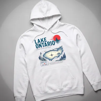 Vintage map of Lake Ontario with the text about its horizons and establishment year — printed on a unisex hoodie
