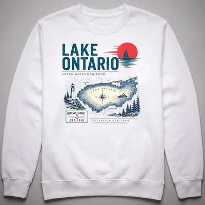 Vintage map of Lake Ontario with the text about its horizons and establishment year — printed on a unisex sweatshirt