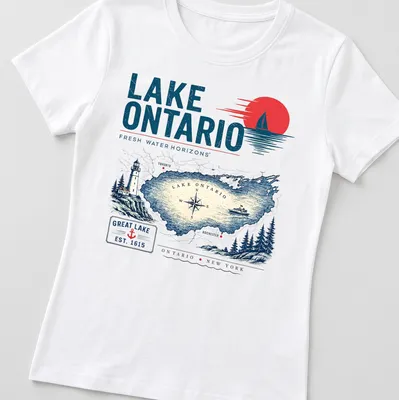 Vintage map of Lake Ontario with the text about its horizons and establishment year — printed on a women's shirt