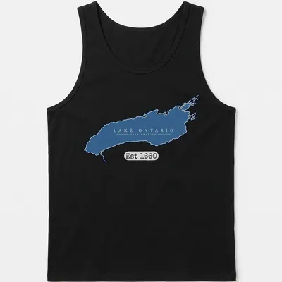 Minimalist Lake Ontario Lake America t-shirt with blue and white typography — printed on a tank top