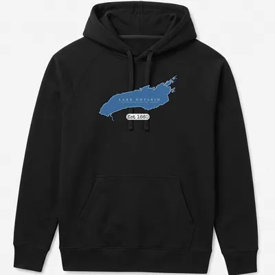 Minimalist Lake Ontario Lake America t-shirt with blue and white typography — printed on a unisex hoodie