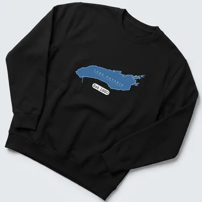 Minimalist Lake Ontario Lake America t-shirt with blue and white typography — printed on a unisex sweatshirt