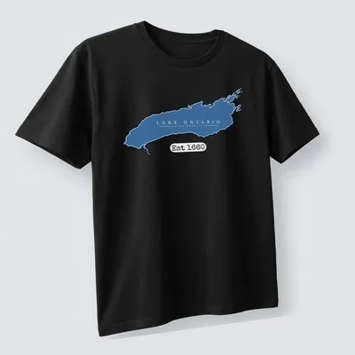 Minimalist Lake Ontario Lake America t-shirt with blue and white typography — printed on a unisex t-shirt (angled view)