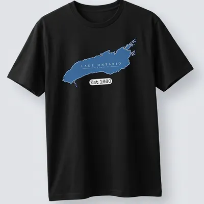 Minimalist Lake Ontario Lake America t-shirt with blue and white typography