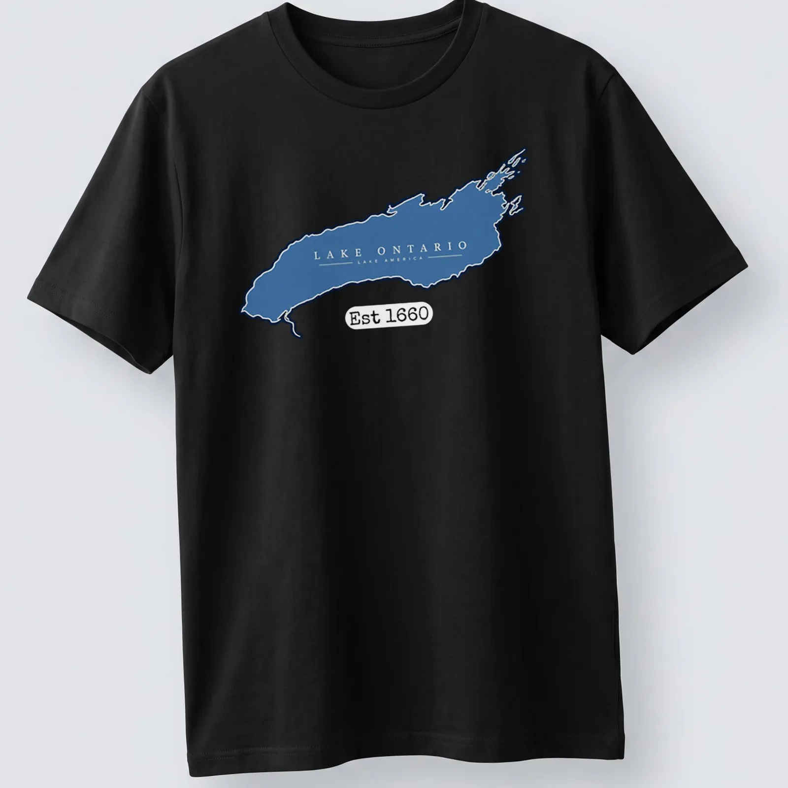 Minimalist Lake Ontario Lake America t-shirt with blue and white typography — printed on a unisex t-shirt