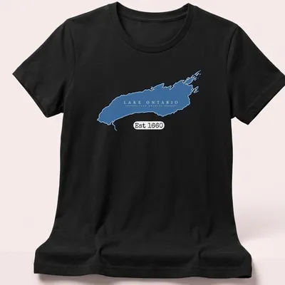 Minimalist Lake Ontario Lake America t-shirt with blue and white typography — printed on a women's shirt