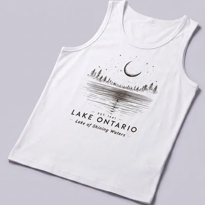 Vintage line-art of Lake Ontario landscape featuring trees and moon — printed on a tank top