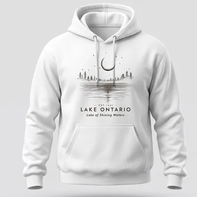Vintage line-art of Lake Ontario landscape featuring trees and moon — printed on a unisex hoodie