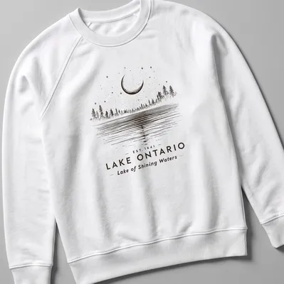 Vintage line-art of Lake Ontario landscape featuring trees and moon — printed on a unisex sweatshirt