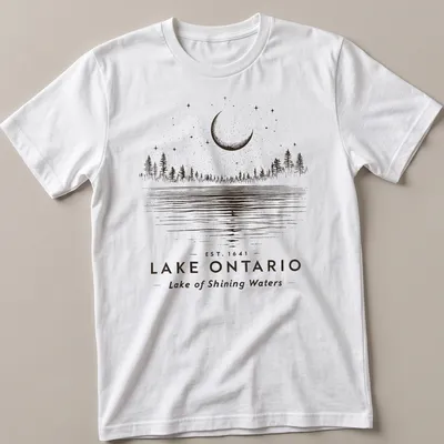 Vintage line-art of Lake Ontario landscape featuring trees and moon