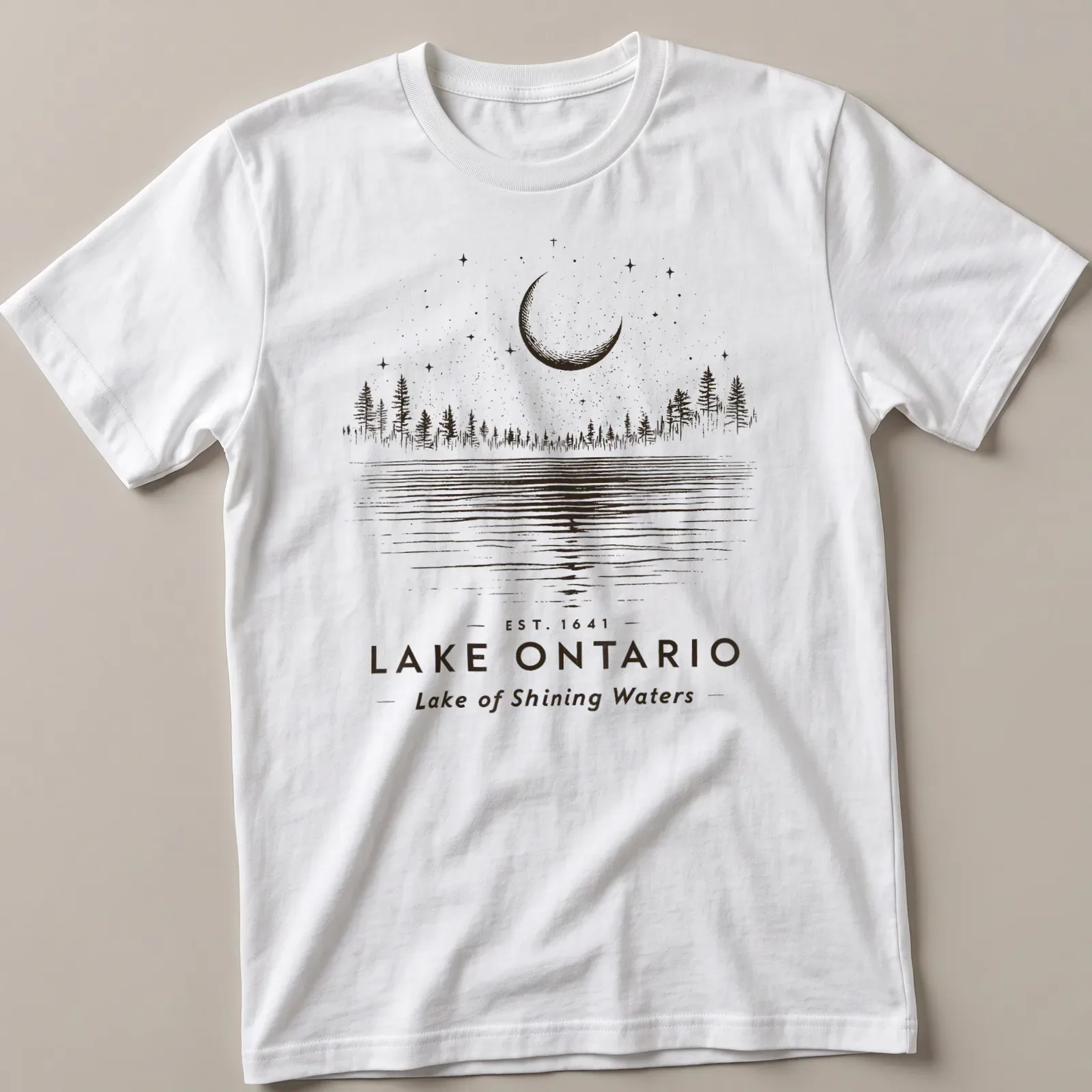 Vintage line-art of Lake Ontario landscape featuring trees and moon — printed on a unisex t-shirt