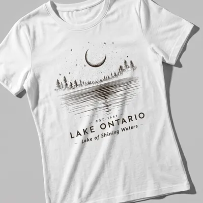 Vintage line-art of Lake Ontario landscape featuring trees and moon — printed on a women's shirt