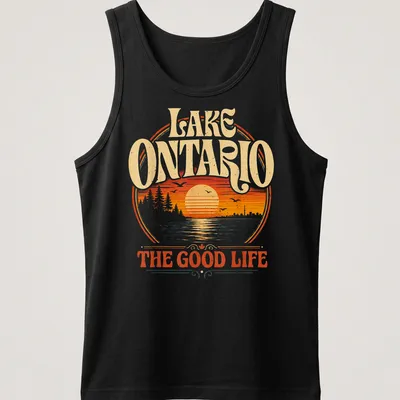 Retro sunset scene over Lake Ontario with text in warm colors — printed on a tank top