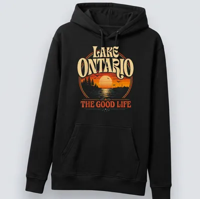 Retro sunset scene over Lake Ontario with text in warm colors — printed on a unisex hoodie