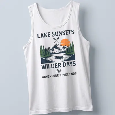 Vintage illustration of mountains, a lake, and a canoe with text about adventures. — printed on a tank top