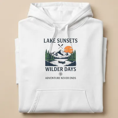 Vintage illustration of mountains, a lake, and a canoe with text about adventures. — printed on a unisex hoodie