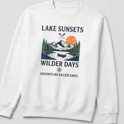 Vintage illustration of mountains, a lake, and a canoe with text about adventures. — printed on a unisex sweatshirt