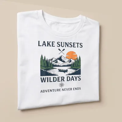 Vintage illustration of mountains, a lake, and a canoe with text about adventures. — printed on a unisex t-shirt (angled view)
