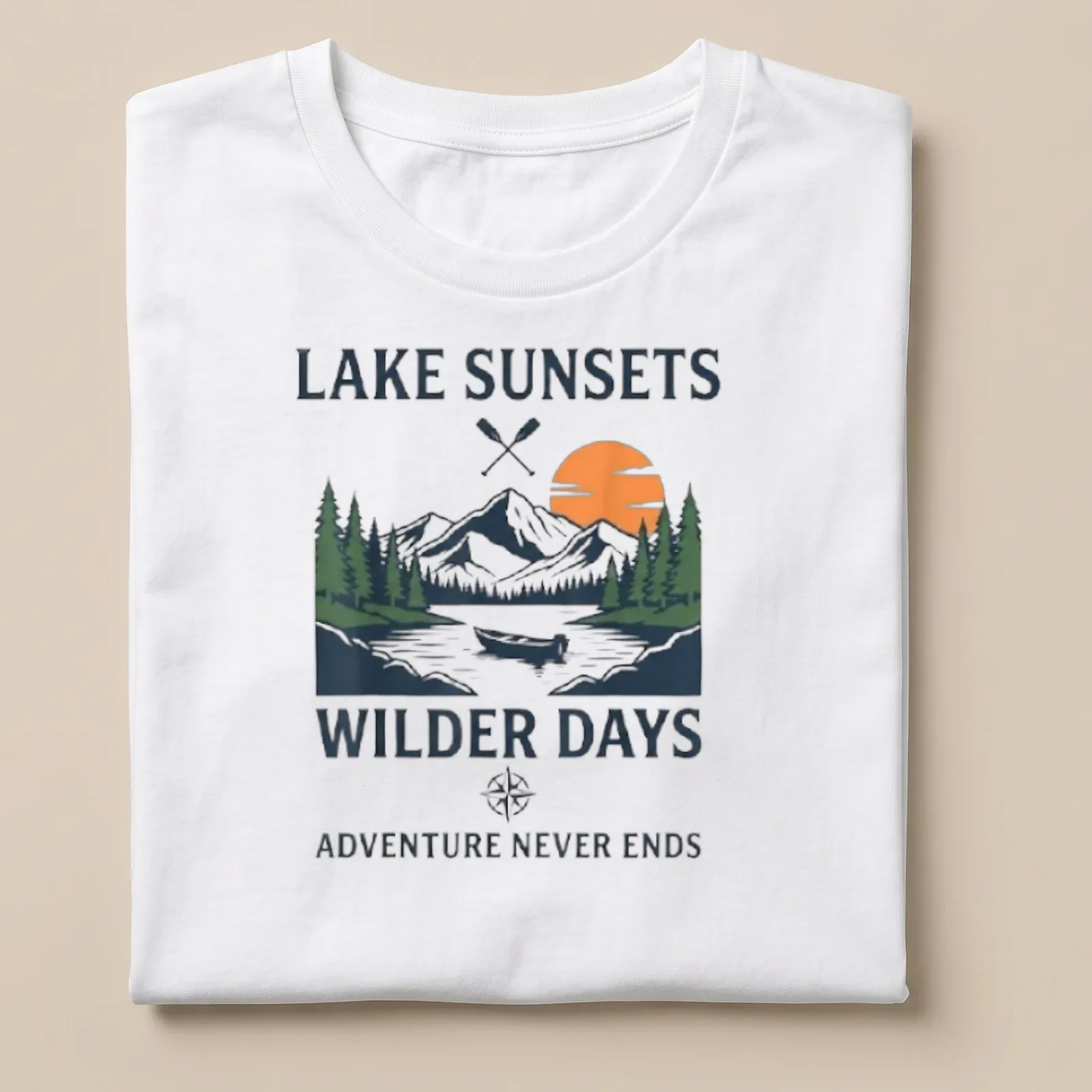 Vintage illustration of mountains, a lake, and a canoe with text about adventures. — printed on a unisex t-shirt