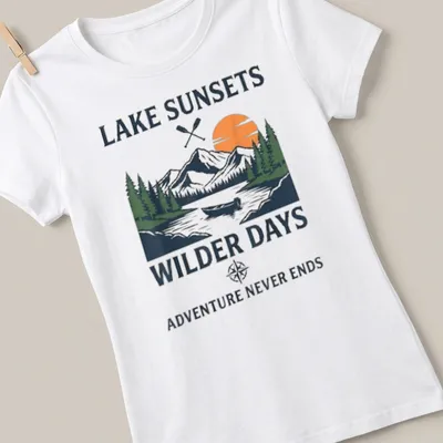 Vintage illustration of mountains, a lake, and a canoe with text about adventures. — printed on a women's shirt