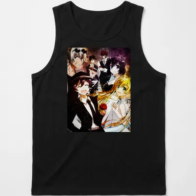 Vibrant anime art featuring characters from Kekkai Sensen in multiple colors — printed on a tank top