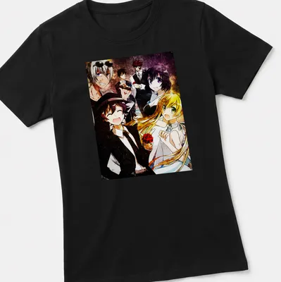 Vibrant anime art featuring characters from Kekkai Sensen in multiple colors — printed on a women's shirt