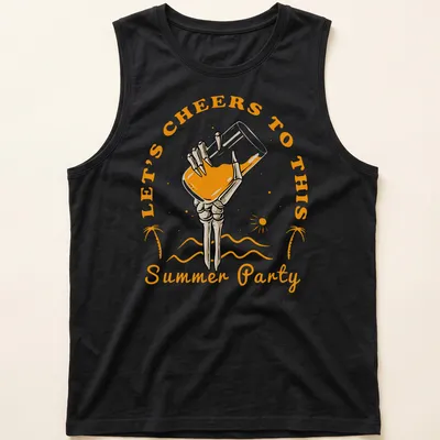 Vintage tropical design with a skeleton hand holding a glass on a party — printed on a tank top