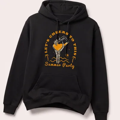 Vintage tropical design with a skeleton hand holding a glass on a party — printed on a unisex hoodie