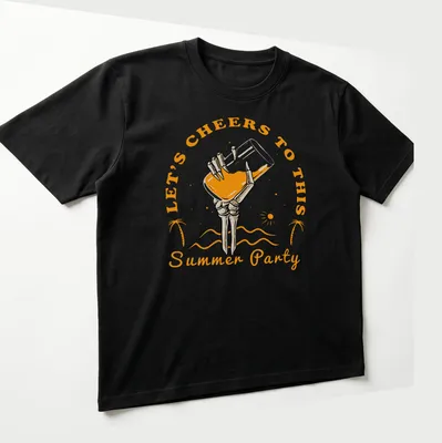 Vintage tropical design with a skeleton hand holding a glass on a party — printed on a unisex t-shirt (angled view)