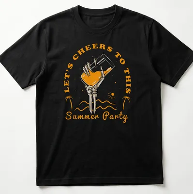 Vintage tropical design with a skeleton hand holding a glass on a party t-shirt
