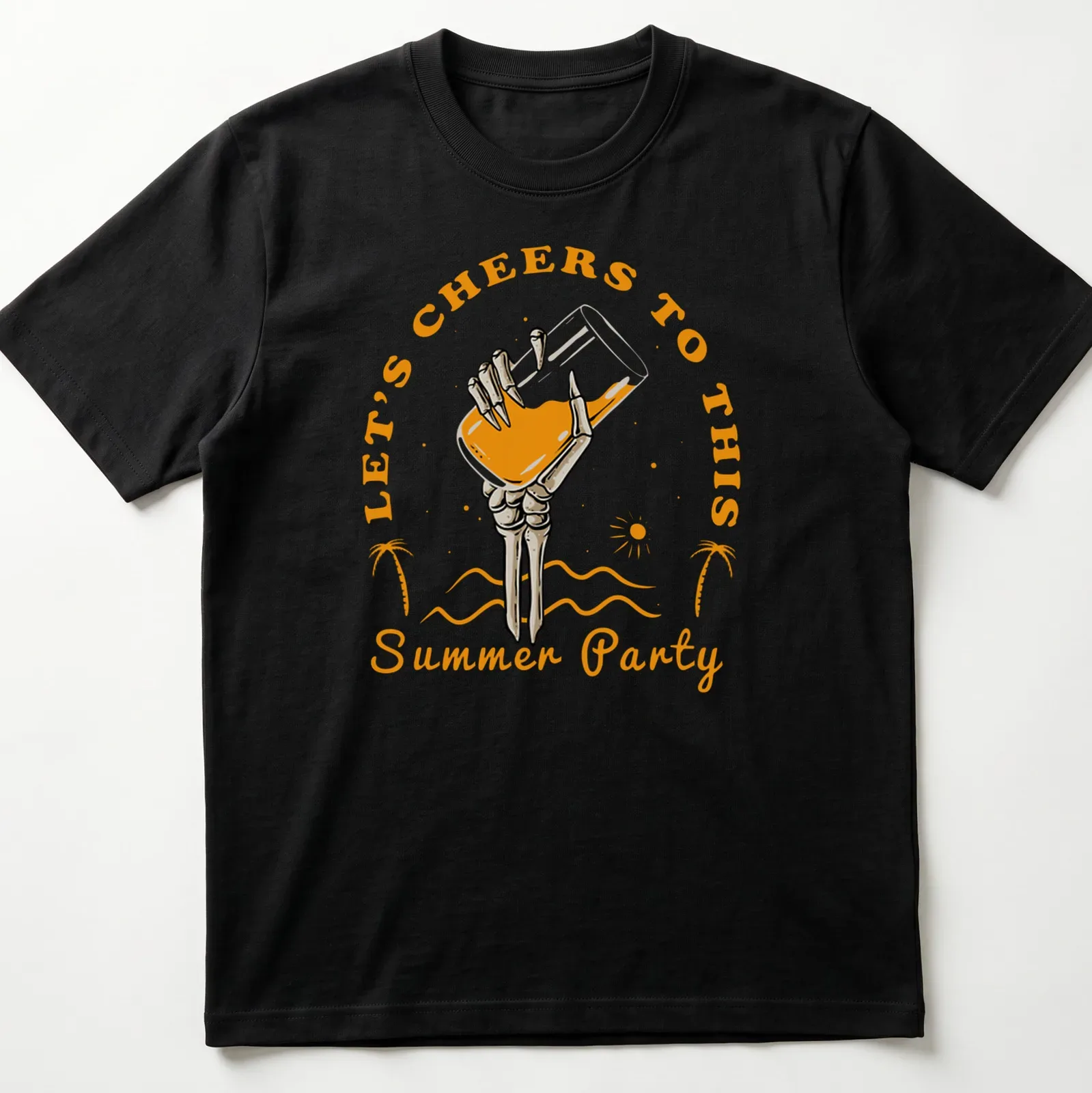 Vintage tropical design with a skeleton hand holding a glass on a party — printed on a unisex t-shirt