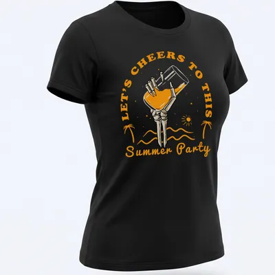 Vintage tropical design with a skeleton hand holding a glass on a party — printed on a women's shirt